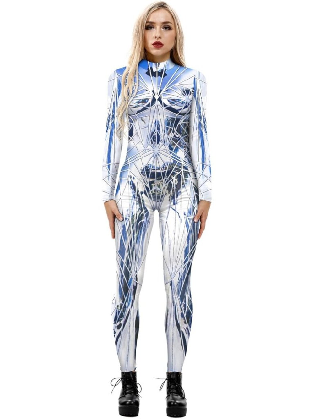 Women's Blue White Sci Fi Skeleton Bodycon Jumpsuit Full Body Unitard Rave